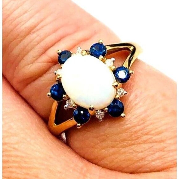 Estate 14K Yellow Gold Opal Blue Sapphire & Diamond Ring Size 6 Weight 2.8 Grams - Picture 1 of 4